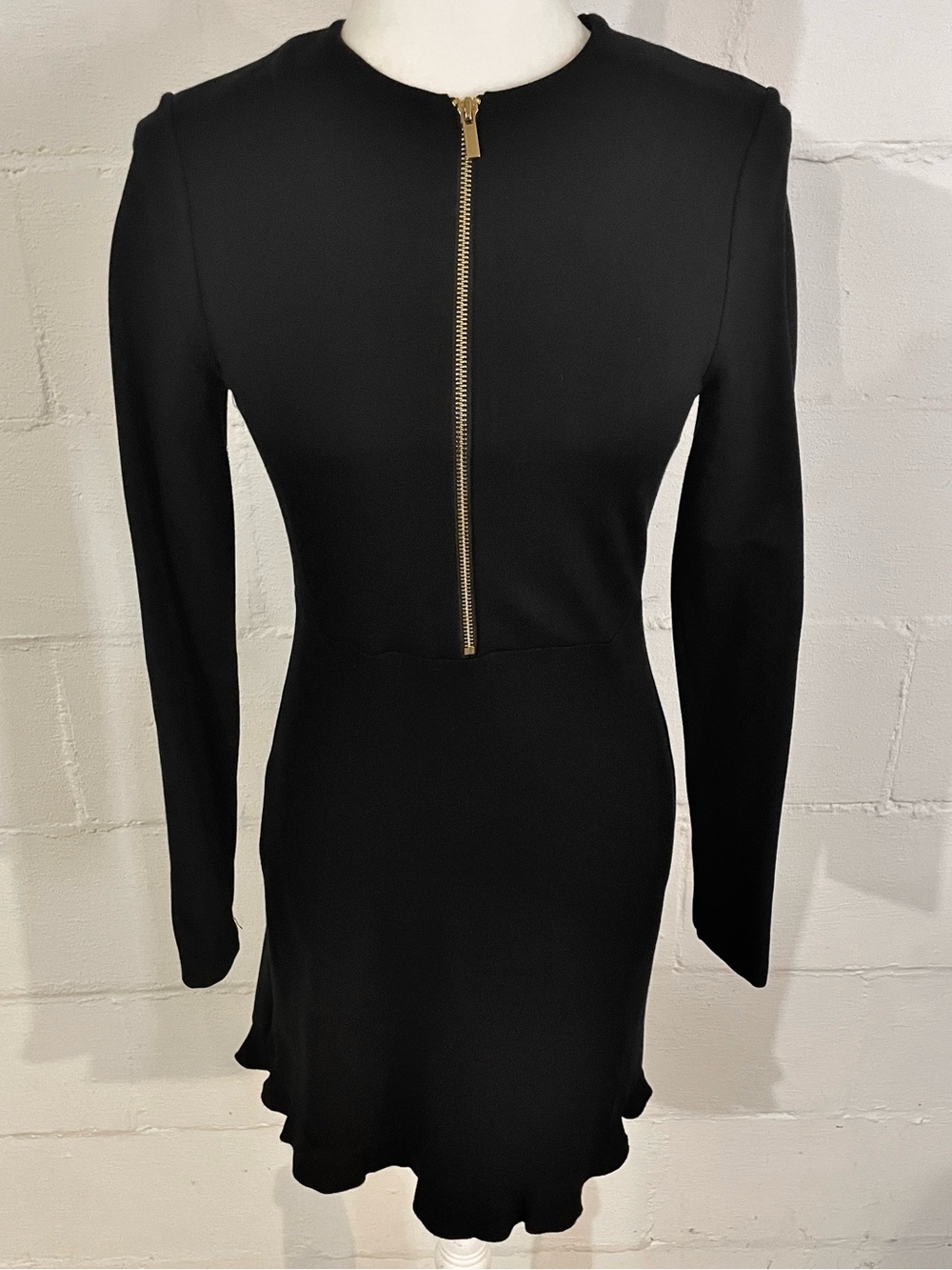French Connection Black Long Sleeve Dress with Gold Front Zip Detail
